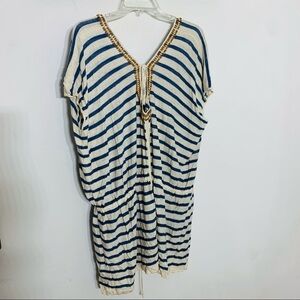 Moda international linen striped Bohemian beaded cover-up tunic top dress